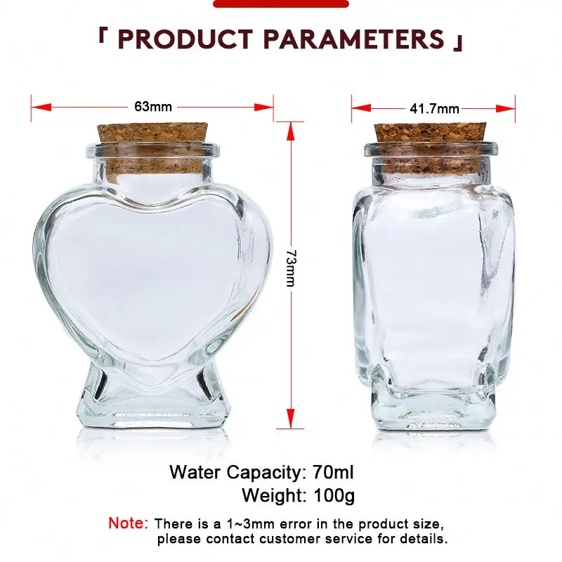 hot selling 70ml heart shape glass candy jars spice jar with cork stopper for kitchen decoration storage