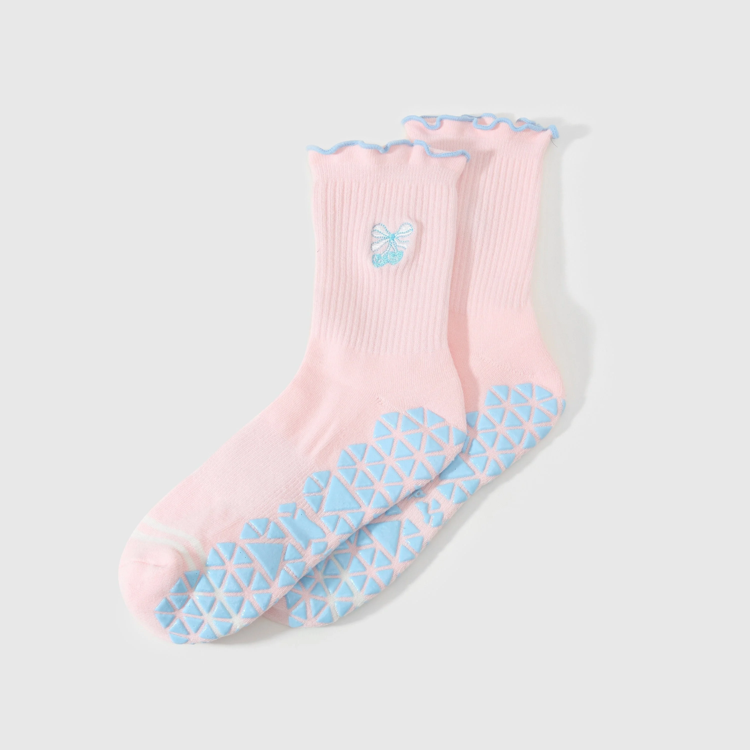 Custom pink pilates crew grip socks ruffle socks anti slip yoga socks polyester