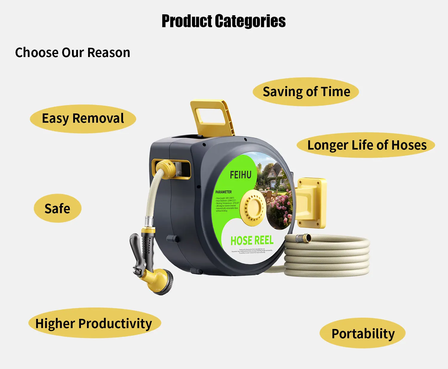 High 50FT Retractable Garden Hose Reel Wall Mounted Metal Water Hose Reel Smooth Automatic Rewind Lock Flexible Expandable