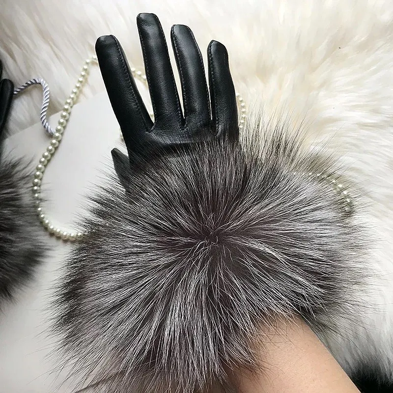 QIUCHEN QC21173 HOT SALE Fashion Winter Warm Genuine Sheepskin Motorcycle Leather Gloves With Real Fox Fur