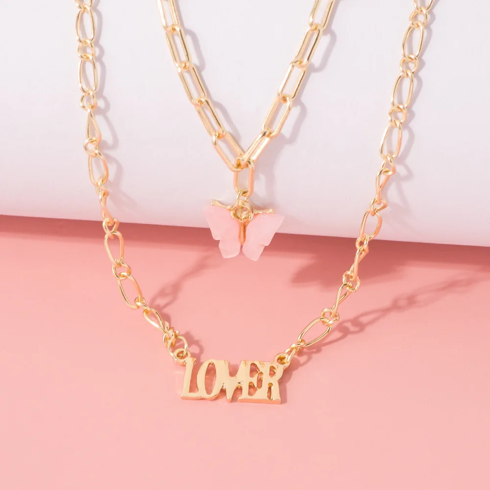 New Fashion Pink Acrylic Butterfly Pendants Necklace Double Layer Acetic Acid Love Alloy Necklace Choker Statement 2020 Jewelry
