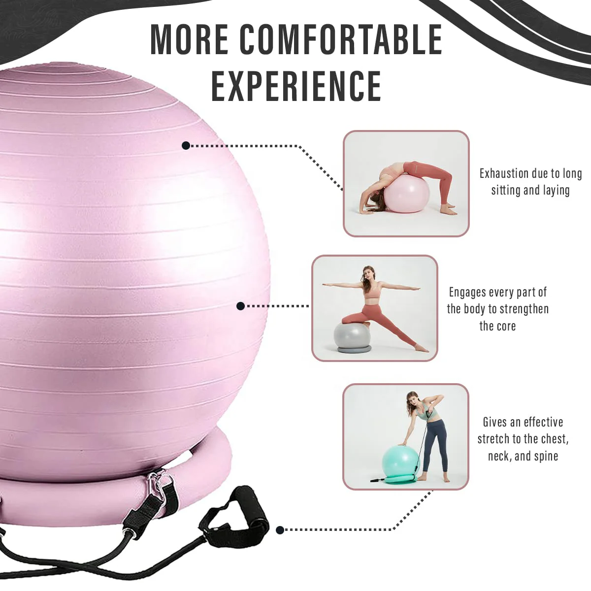 MR 65cm Multicolor Exercise Ball Chair with Resistance Bands, Workout Yoga Ball for Home Gym Office