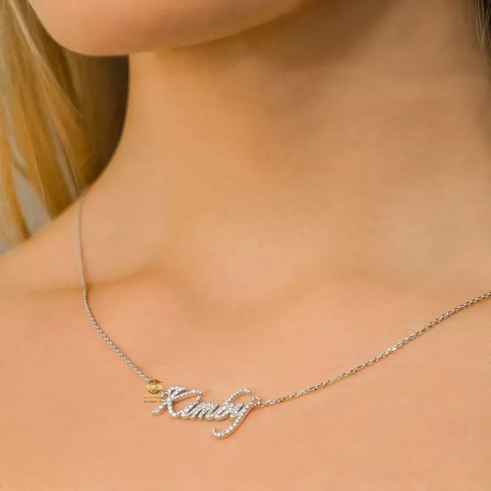 Women Name Plate Necklace Custom Jewelry Letter Pendant S925 10K 14K 18K  Solid Gold VVS Moissanite Diamond Initial Necklace