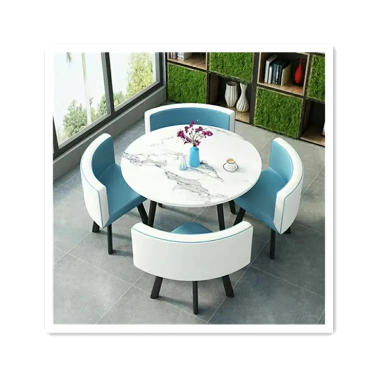 Modern White and Blue Color Round Table Top Dining Tables 4 Blue Fabric PU Chair Set