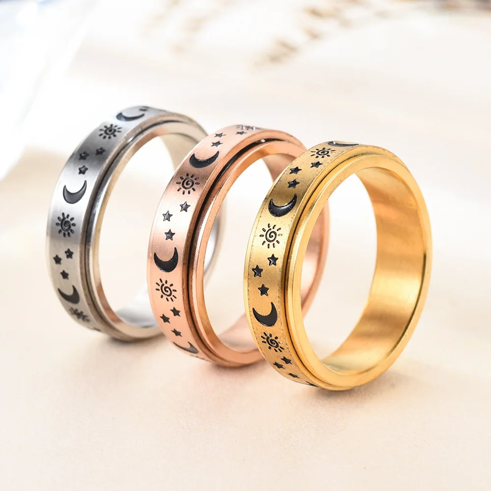 Factory Wholesale Vintage Ring Personalized Jewelry Rotatable Star Moon 304 Titanium Steel