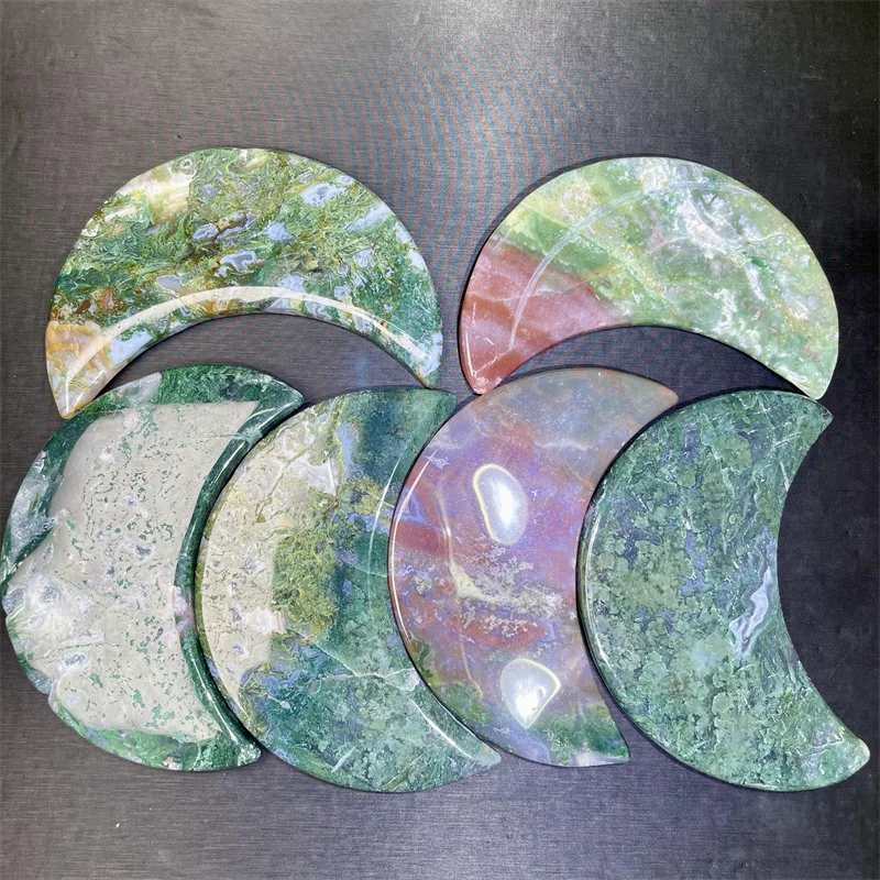 Wholesale High Quality Hand Carved Moss Agate Moon Crystal Carving For Decoration