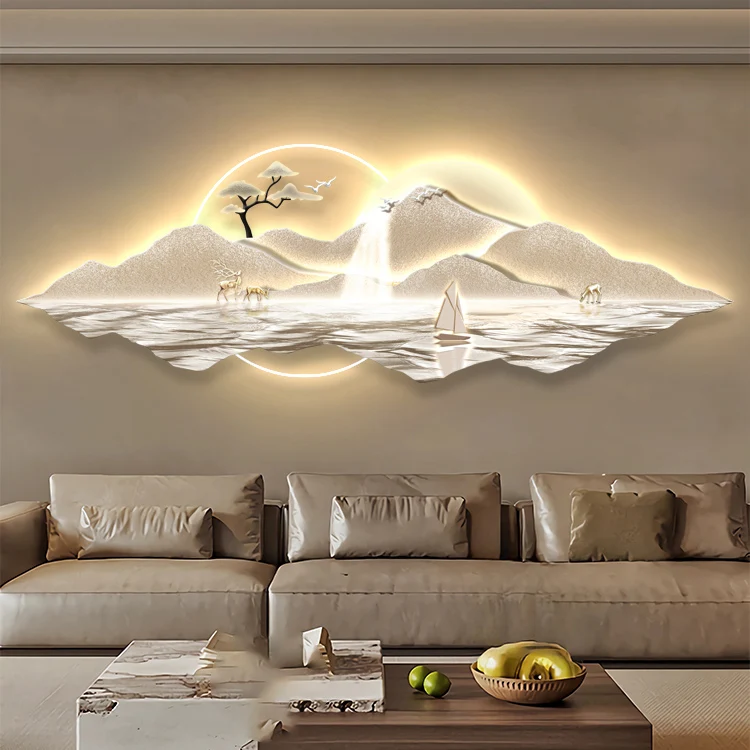 New living room decorative painting modern luxury background wall hanging animal landscape murals wall art with LED light