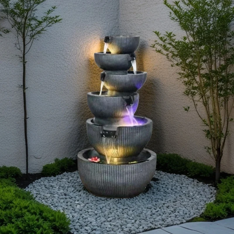 Modern Style 5-Tiered Indoor Outdoor Water Fountain LED Lights Cascading Waterfall Artistry Bowl Design Garden Porch Ornament