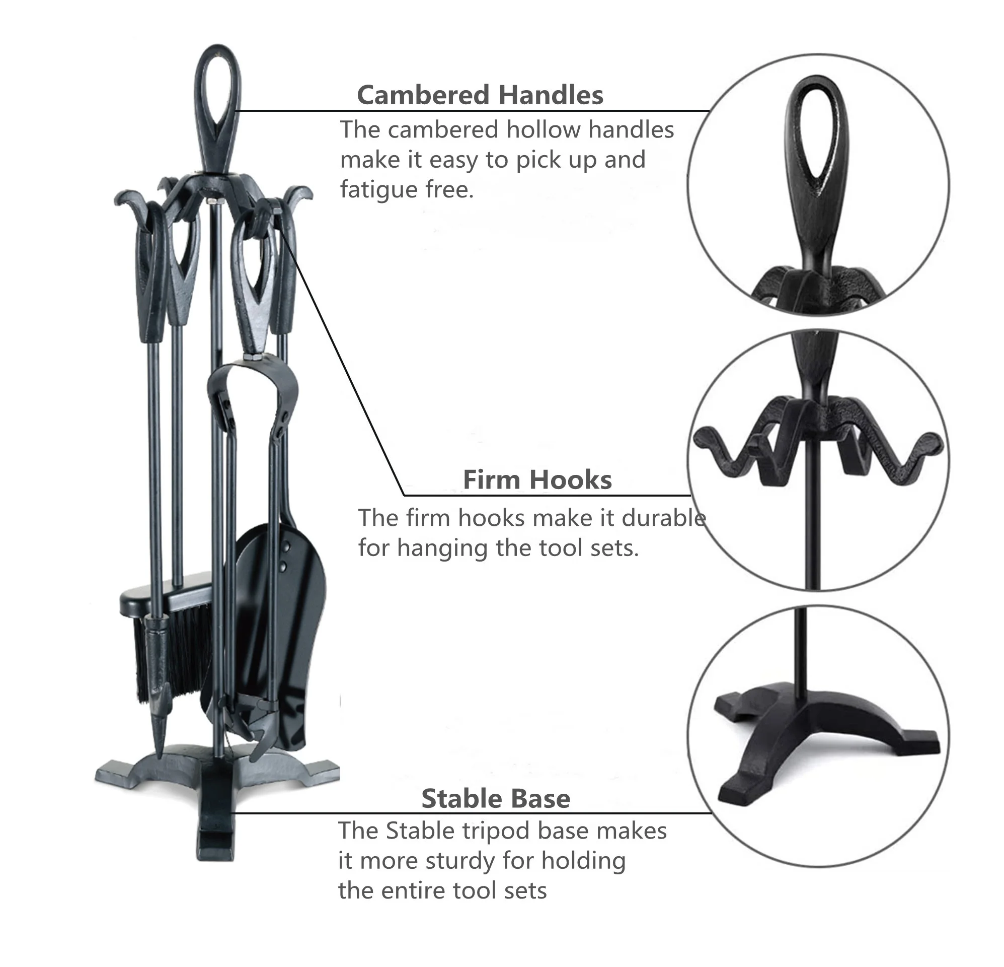 Wood Stove Log Tongs, Holder Tools Kit Sets Stand 27.8 Inches Classic Fireplace tool sets with 5 Pieces