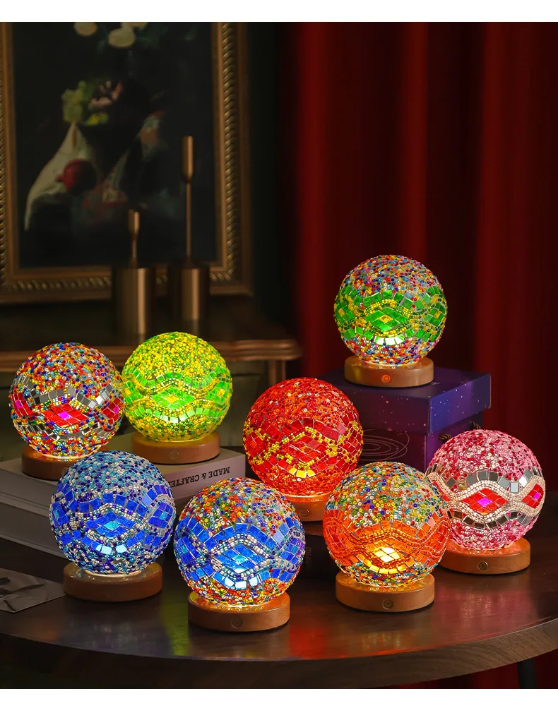 Touch Rechargeable 3D Ball Night Light Stained Glass Tiffany Mosaic Moon Colorful LED Religious Lamp with Wood Battery Powered