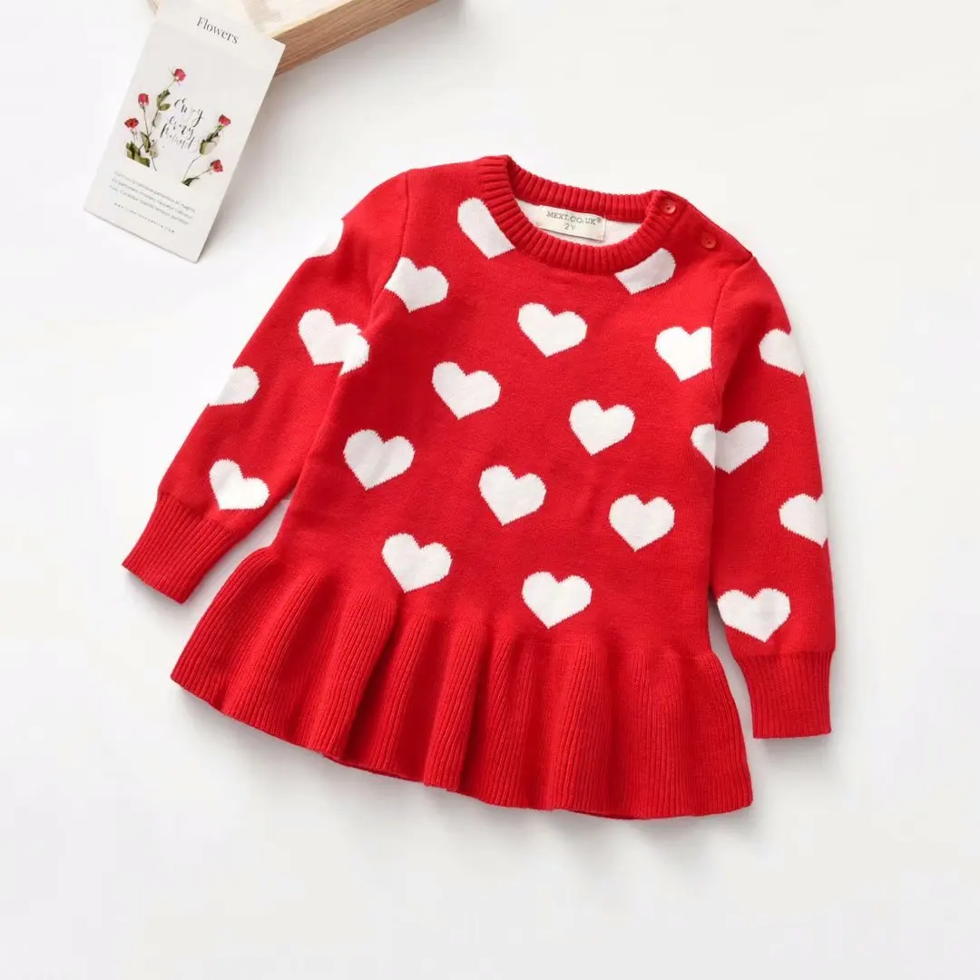 Rarewe 2024 Valentines Red Pink Love Heart Pattern Toddler Baby Girl Sweater Wool Knit Kids Sweater Pleated Dress