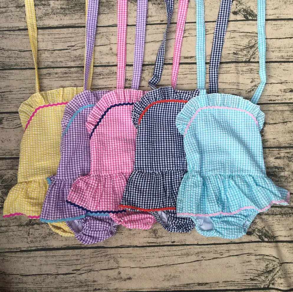 Baby girls boy trendy beach beautiful seersucker button plaid ruffled separate swimsuit