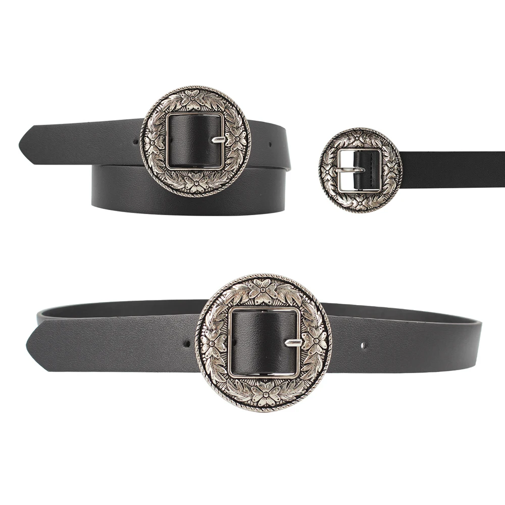 Fashion black plain PU leather belt for women ladies belts with retro belt buckle