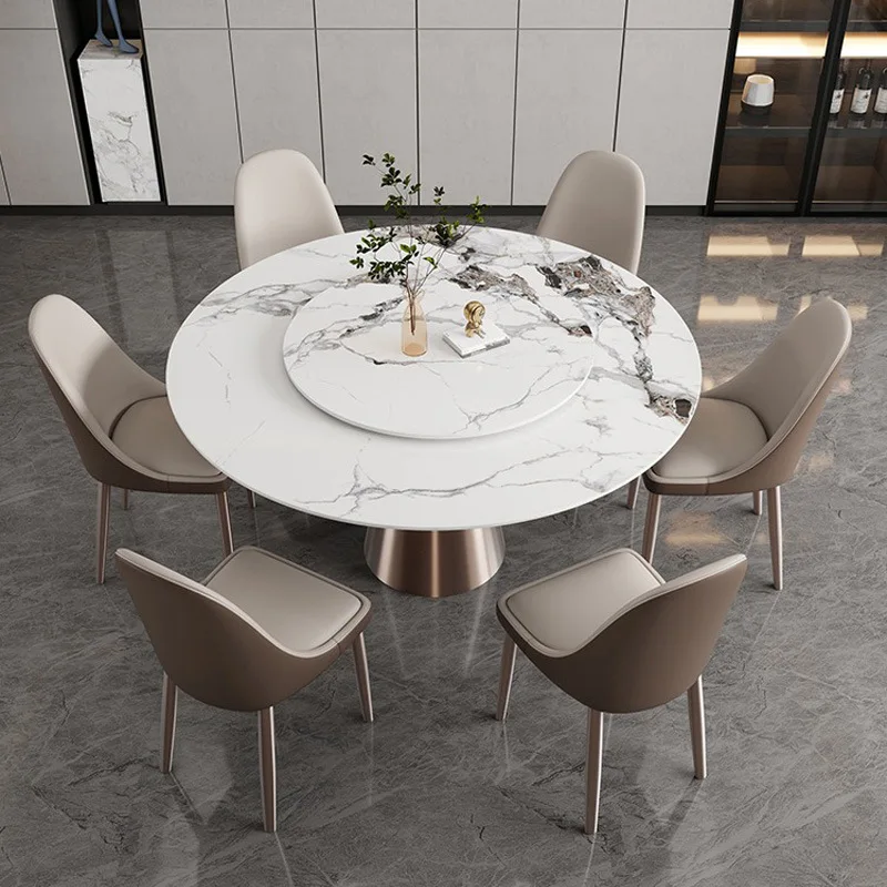 Modern light luxury round dining table with a rotating rock table top and stainless steel base dining table