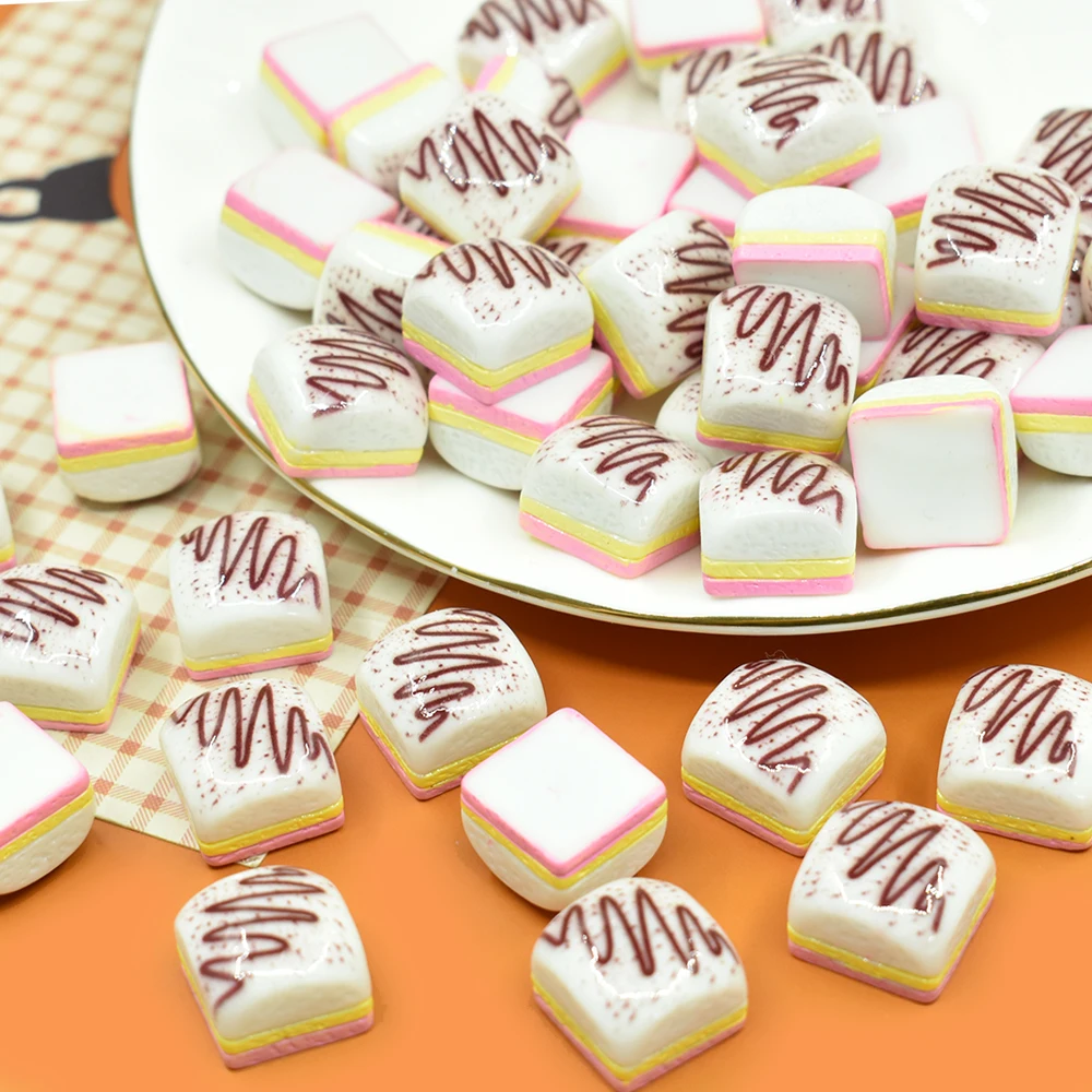 Square cake resin flatback cabochon for diy doll house miniature food jewelry making cream glue phone case decoration