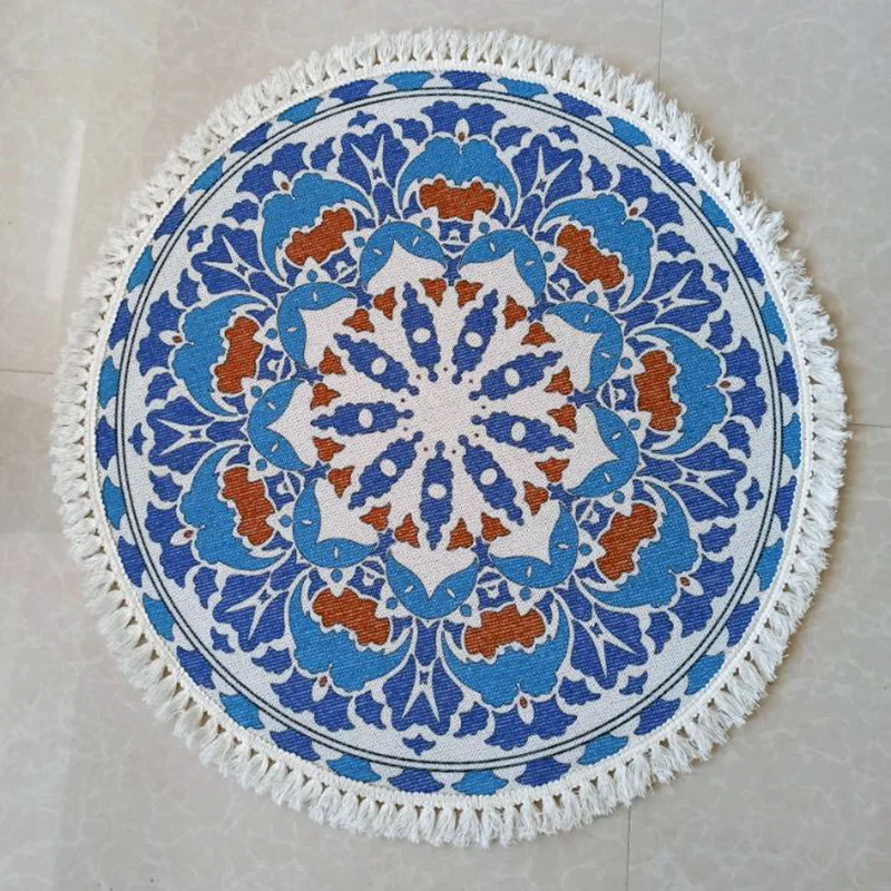 
Round home floor mats, retro woven cotton and linen floor mats comfortable round carpet 