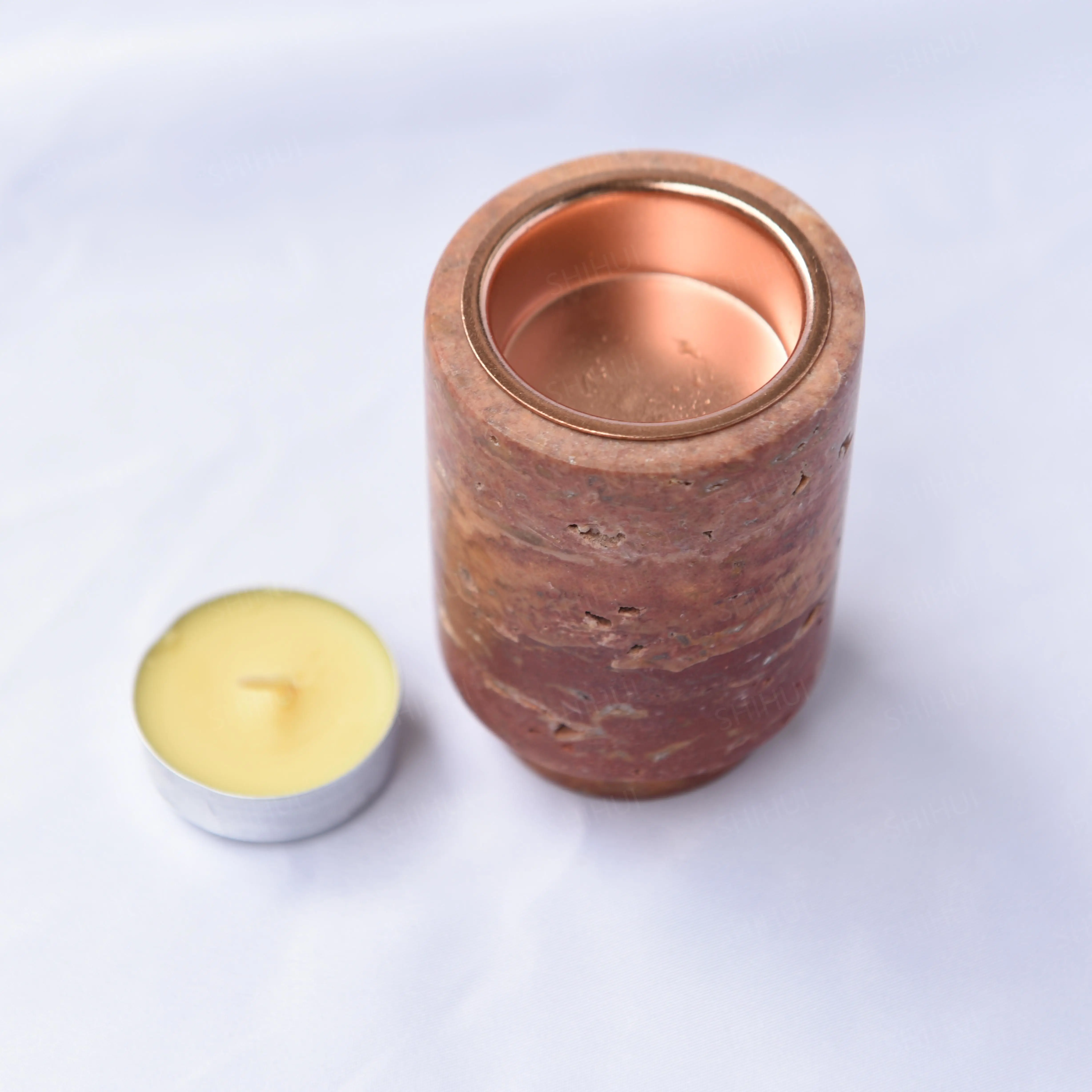 SHIHUI Natural Stone Candle Holders Luxury Red Travertine Marble Pillar Candle Holder