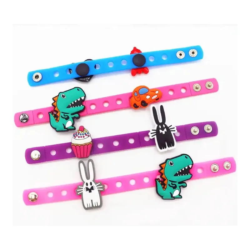 Custom 3D Logo Cartoon Animal Charm Kids Silicon Sport Dinosaur Rubber Fashion Charm Silicone Bracelets With Charm