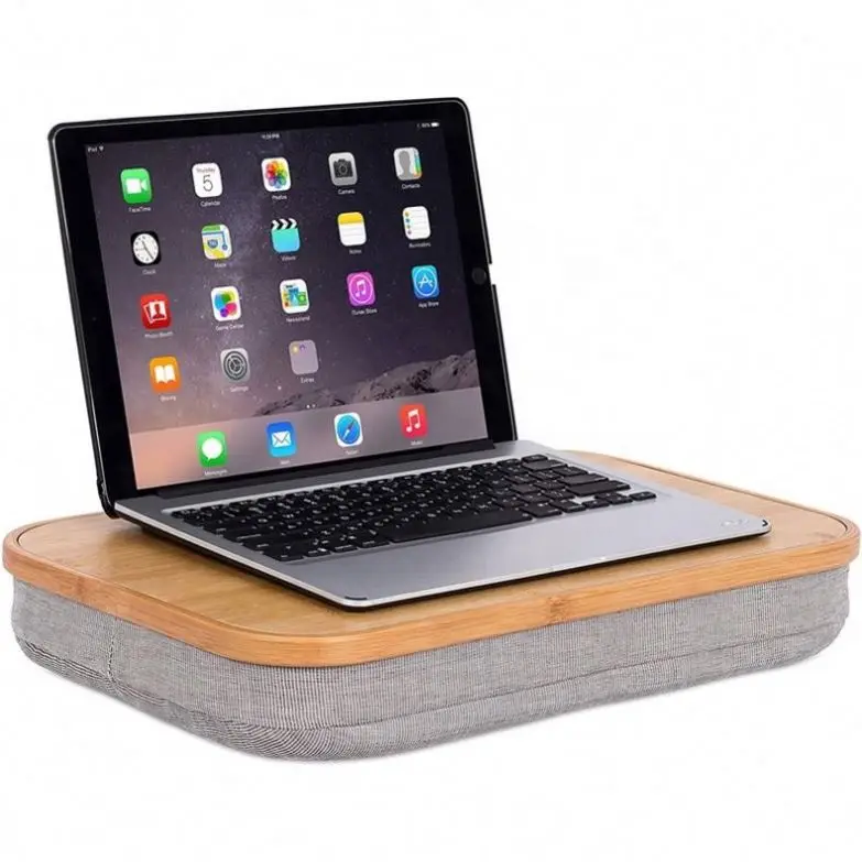 Bamboo Lap Desk With Laptop Storage Compartment Pillow Cushioned Accessories Book Stand