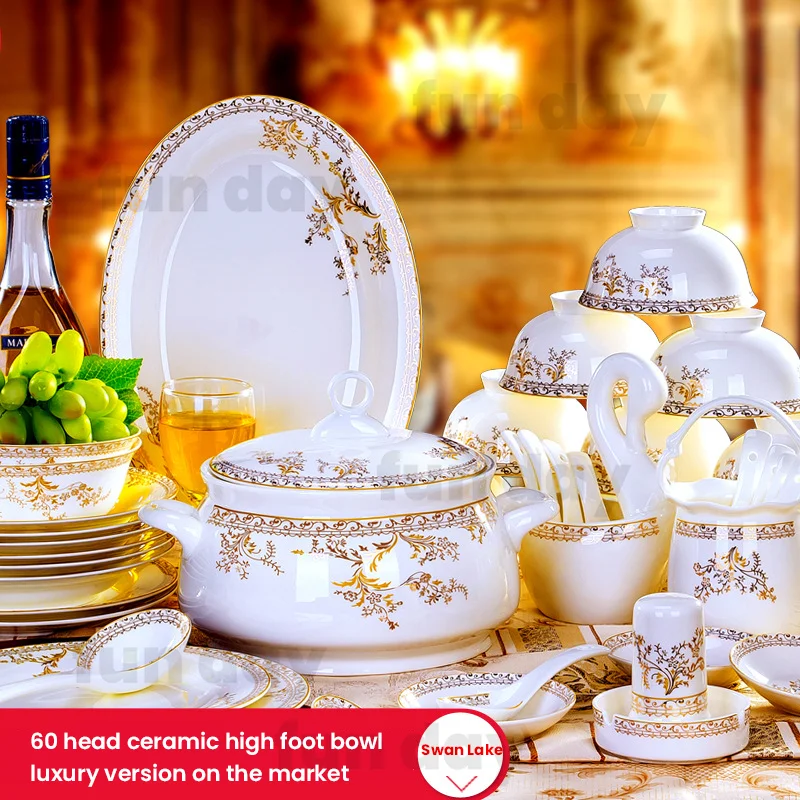 European Style 60 pcs Luxury Gold Edged Ceramic High Quality Bone Porcelain Royal Dinnerware Set