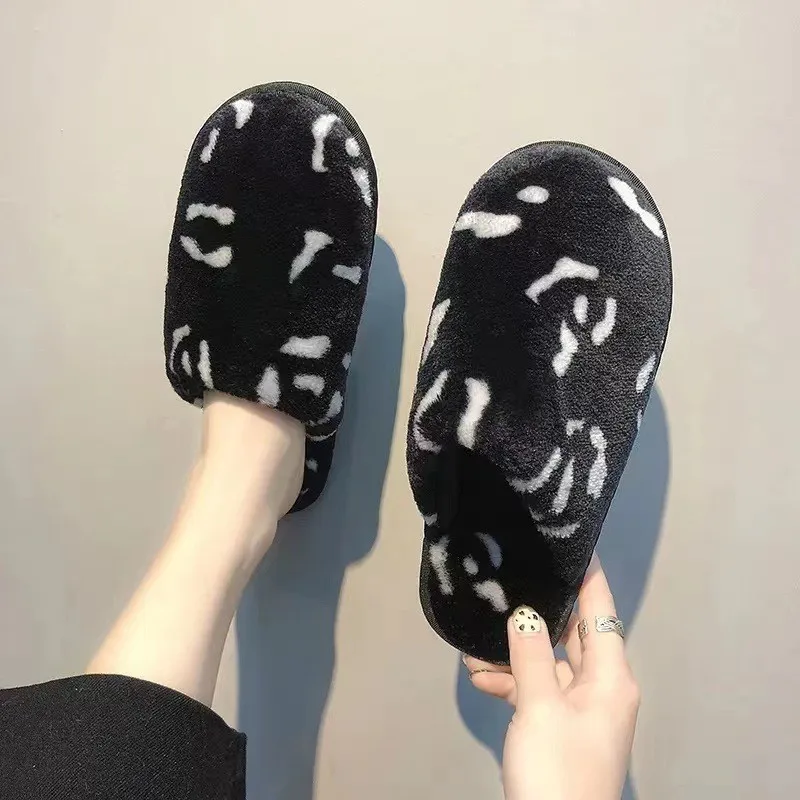 Popular Women Home Fur Slipper Leopard Pattern Autumn Winter Indoor Fluffy Sandals Non-skid Slides Plush slippers