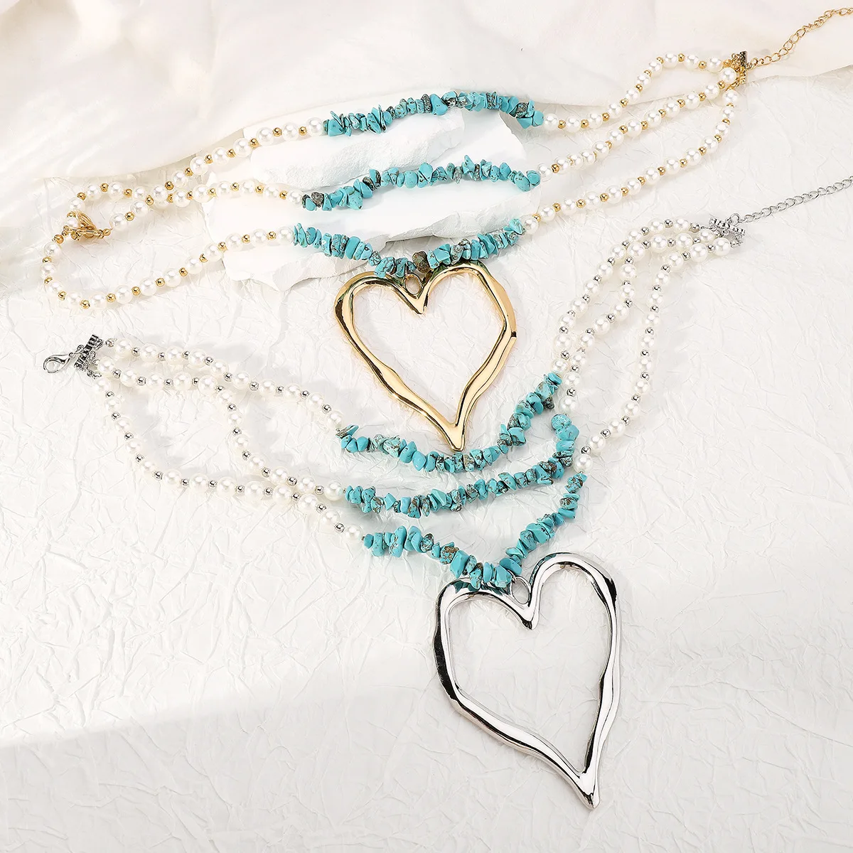 Bohemian Style Multi Layer Chunky Large Heart Beaded Necklace Fashion Pearl Turquoise Necklace Jewelry Women
