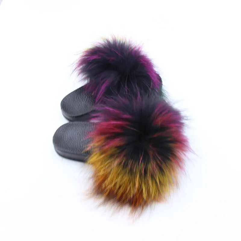 Cheap Price Jtfur Raccoon Fur Pom Pom Kid Sandal Slides For Women And Baby Kids With Fur