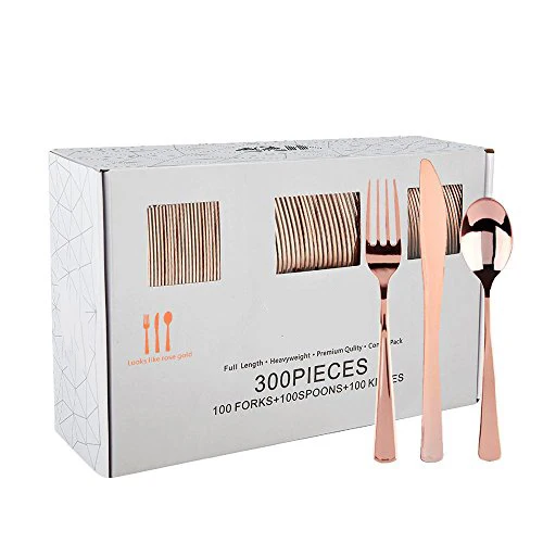 
300 Pieces Rose Gold Plastic Silverware Disposable Flatware Set Heavyweight Plastic Cutlery 100 Forks 100 Spoons 100 knifes 