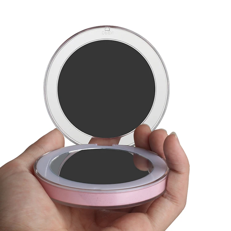 design unique makeup mirror mini length compact round pink foldable dual sided led mirror with light for bedroom