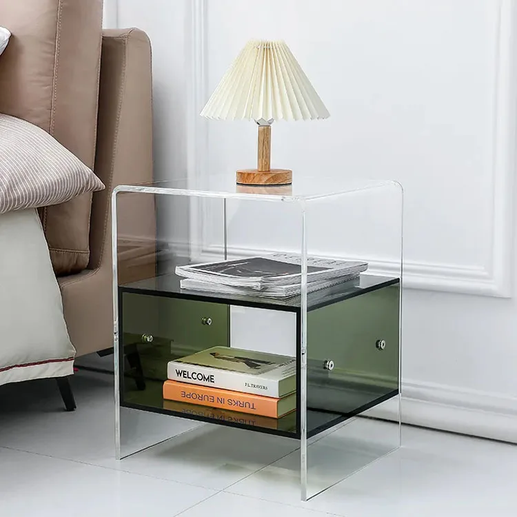 Clear Acrylic Bedside Table With extra Storage Basket on Wheels Decorative Coffee Tables Home Display Bathroom Side Table
