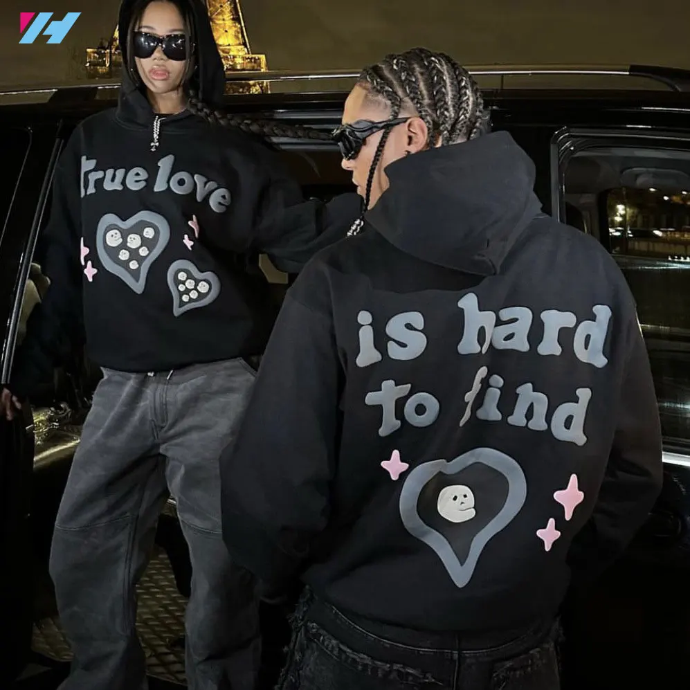 Manufacturer  Custom Winter High Street 3D Puff Printing Hoodies Black For Men