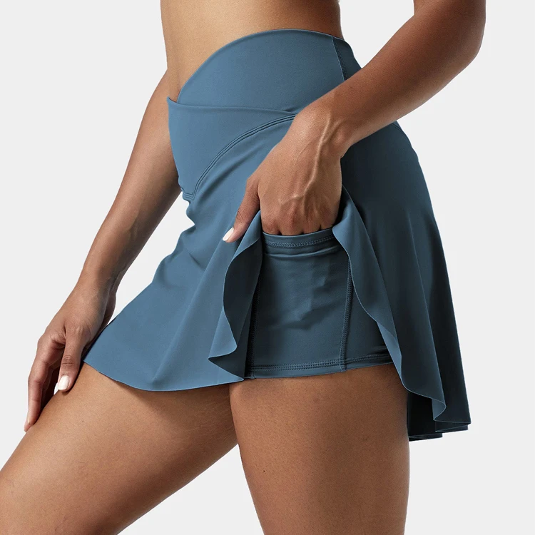 Fashion Athletic Tennis Dress Custom Crossover Side Pocket 2 In 1 Tennis Skirts For Women