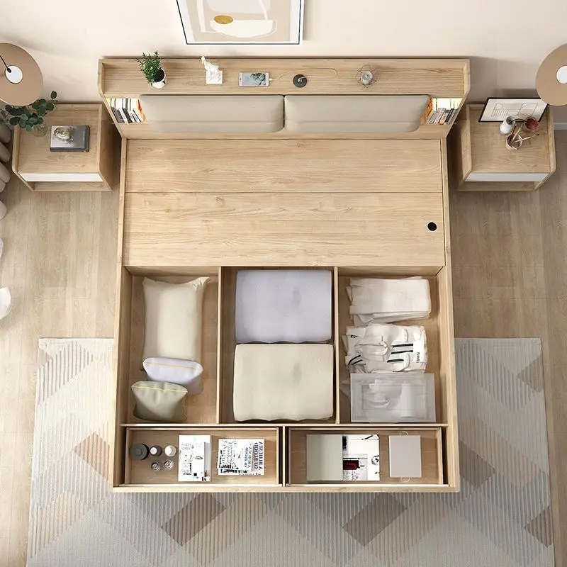 Kainice wholesale bedroom furniture usb charge mdf gas lift soild wooden bed with drawer king size storage box bed