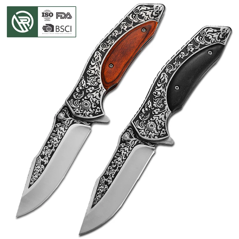 Free Sample Wholesale Outdoor Field Fold Self Defense Survival Camping Wooden Blank Pocket Knife With Flower Texture Carving
