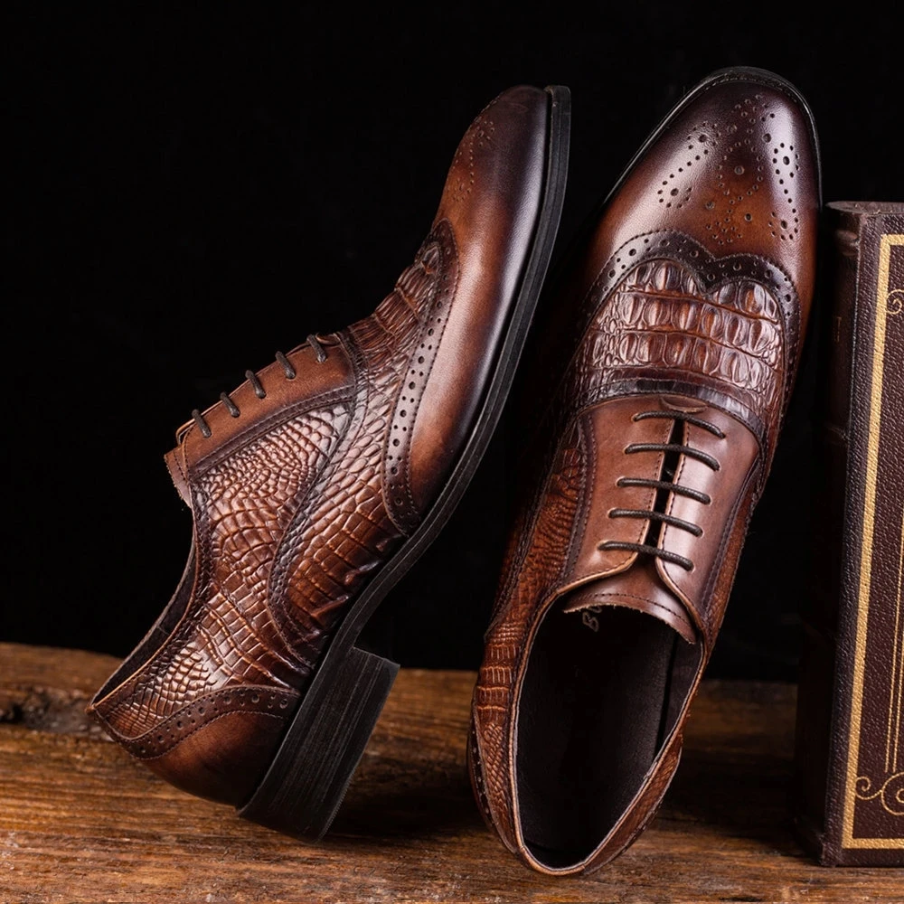 Brown Black Men Casual Dress Shoes Lace Up PU Leather Luxury Party Groom Wedding Pointed Toe Shoes for Men