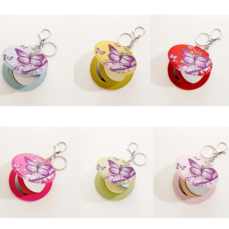 wholesale portable round leather pocket compact mirror keychain for girls