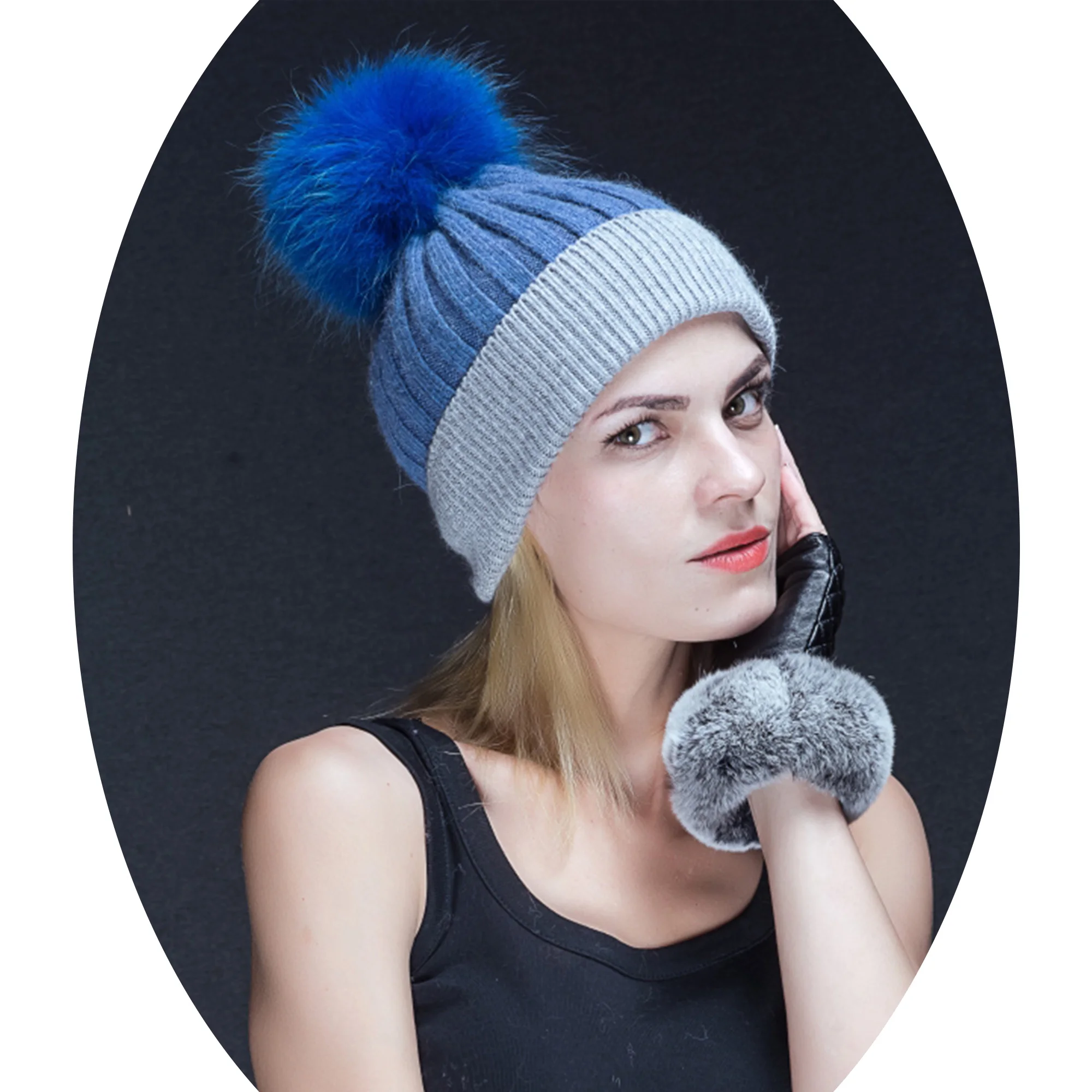 Janefur custom unisex 2 colors raccoon fur ball angora beanie hats winter soft factory sale fur pom pom hat