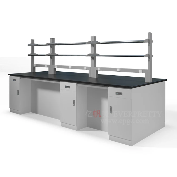 School Furniture Galvanized Steel Sheet Full Steel Island Electronics Lab Bench with High Temper Glass Shelf of Laboratory Bench