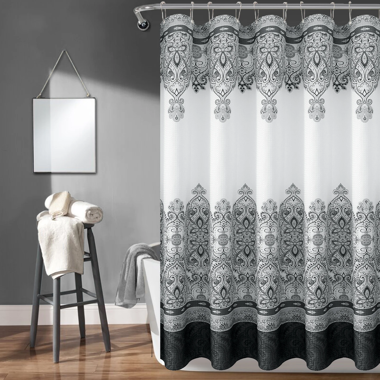 Boho Gray Shower Curtain with Hooks Moroccan Bohemian Bath Curtain, Upgraded Thicken Fabric Bathroom Curtain Sets