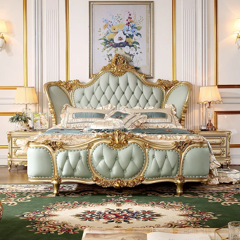 European Luxury Genuine Leather Bedroom Bed Set Classic Queen King Size Bed Furniture Carved Solid Wood Oak Champagne Gold Bed