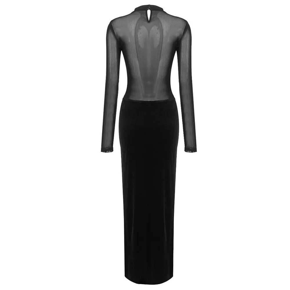 LS2480 Trendy Sexy Black Club Mesh Dress Sexy Long Sleeve Women  Clothing See Through Club Velvet Maxi Dresses