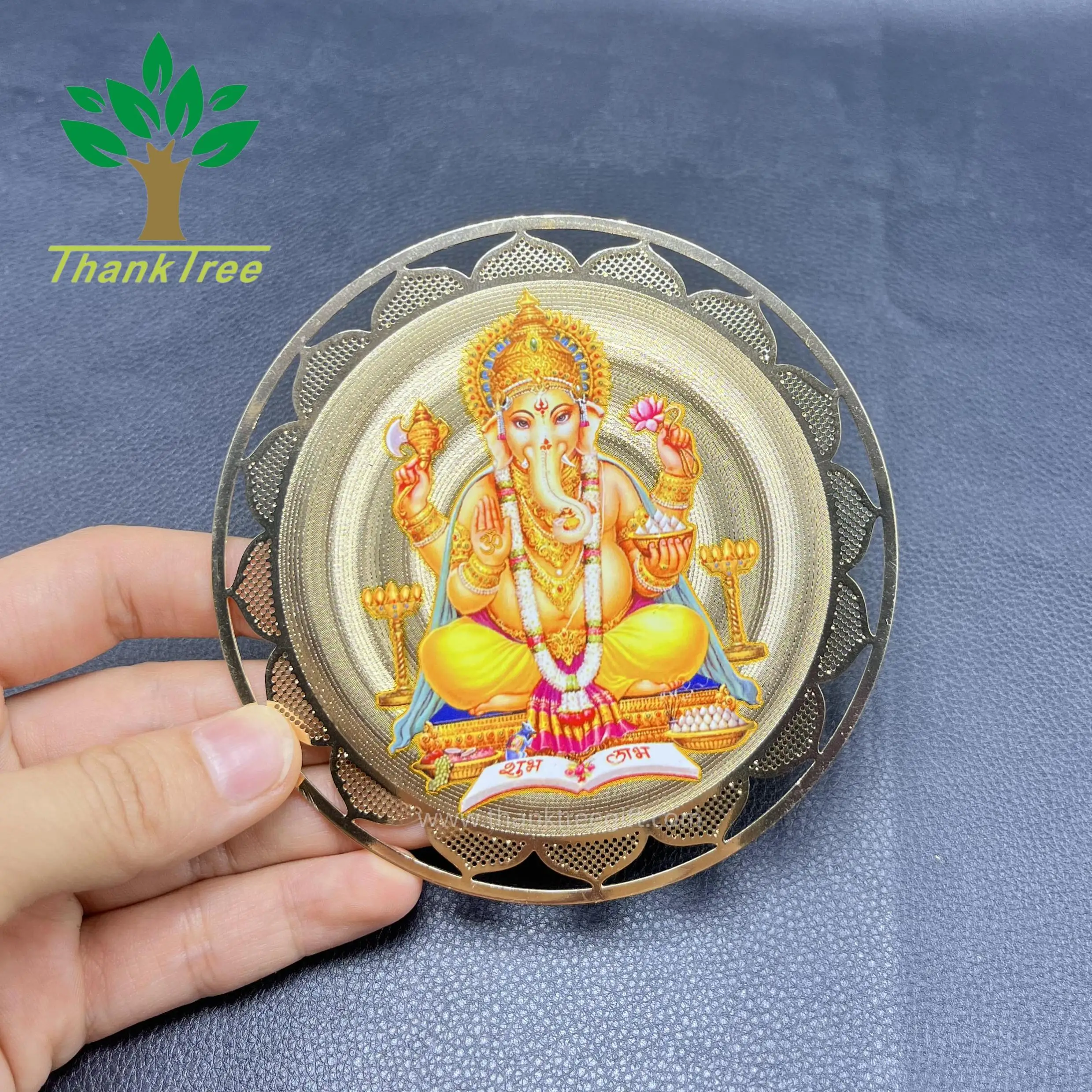 luxury colorful printing religious metal crafts Ganesh icon gold plated labels in different sizes