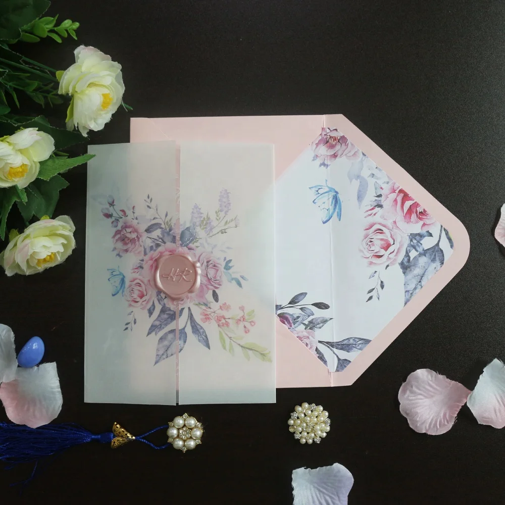 Elegant Design Paper Invitations Floral Digital Printing Invitation Card with Tracing Paper