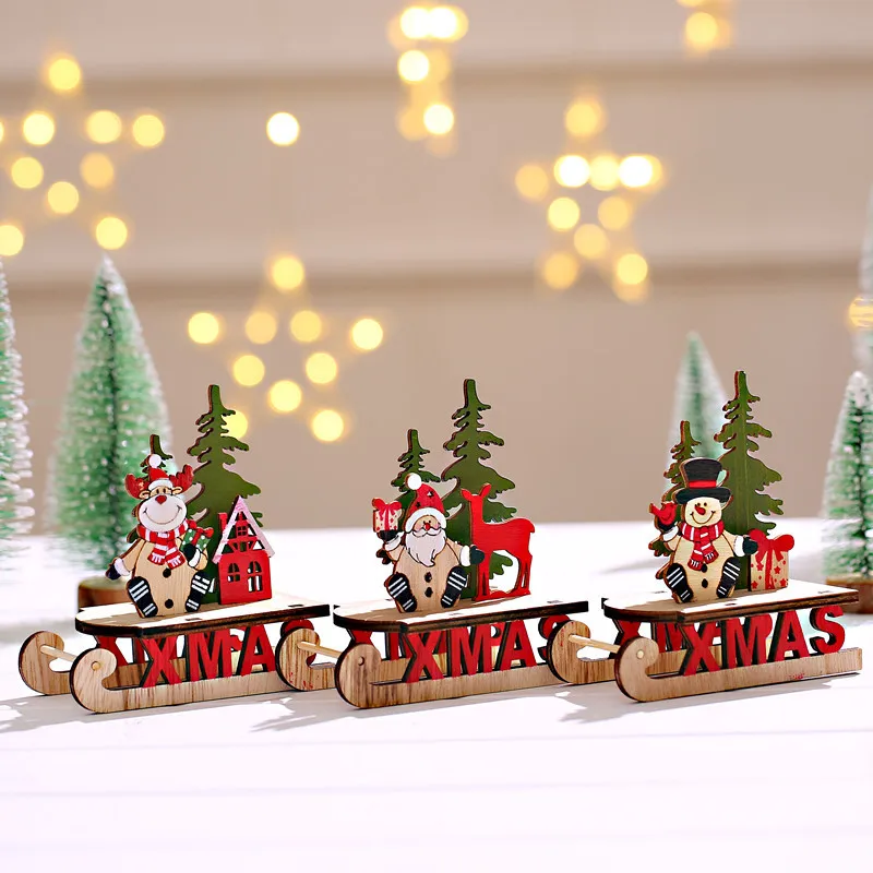 Christmas Decoration DIY Sleigh Elk Cartoon Wooden Santa Claus Christmas Ornaments For Children Gift