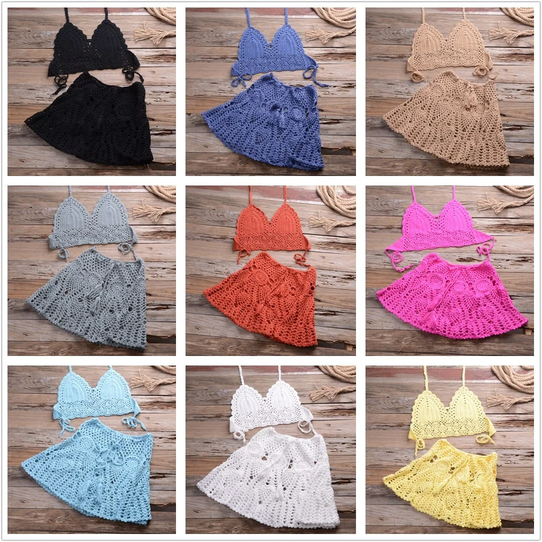 2021 Beach Bikini Off Shoulder Costume Hollow Braid Bathing Suit Crochet Knit Bikini Bra Skirt OEM