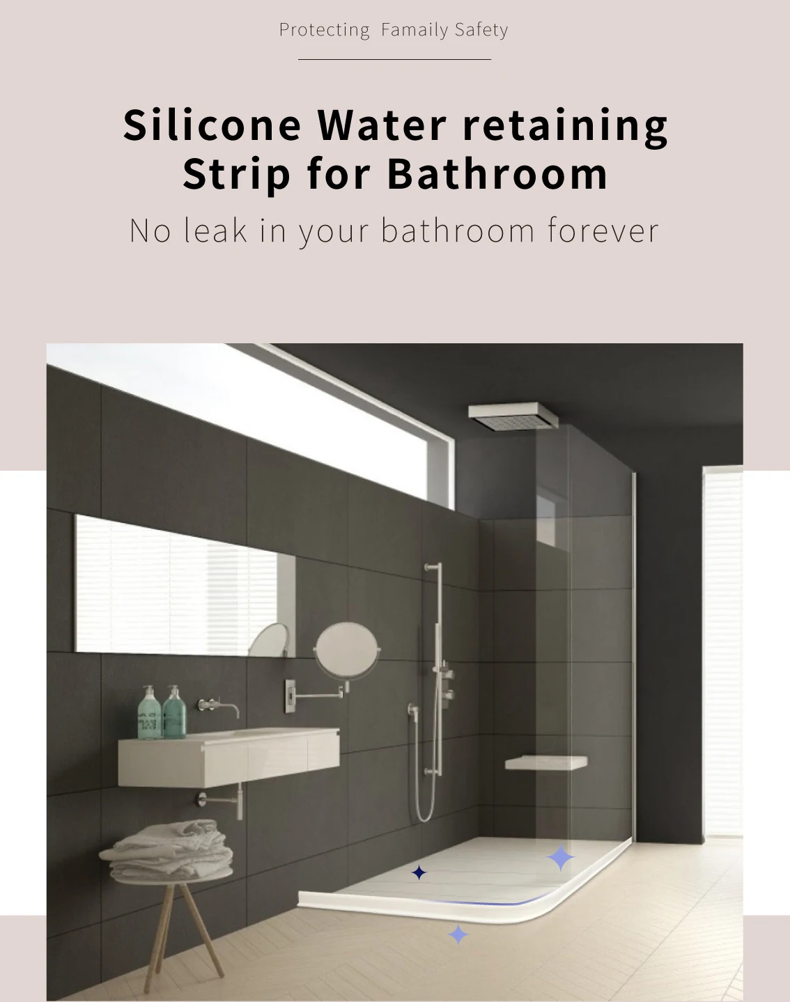 Collapsible Shower Threshold Water Dam Shower Barrier and Retention System and Keeps Water Inside Threshold