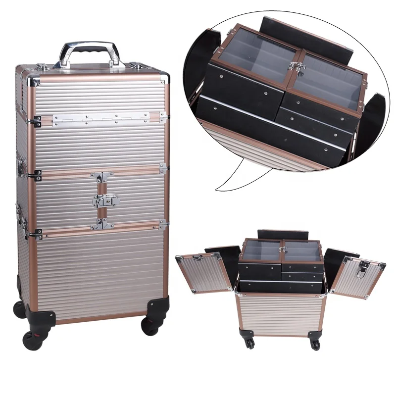 
4 in 1 Golden color Professional Aluminum Trolley Cosmetic Case 