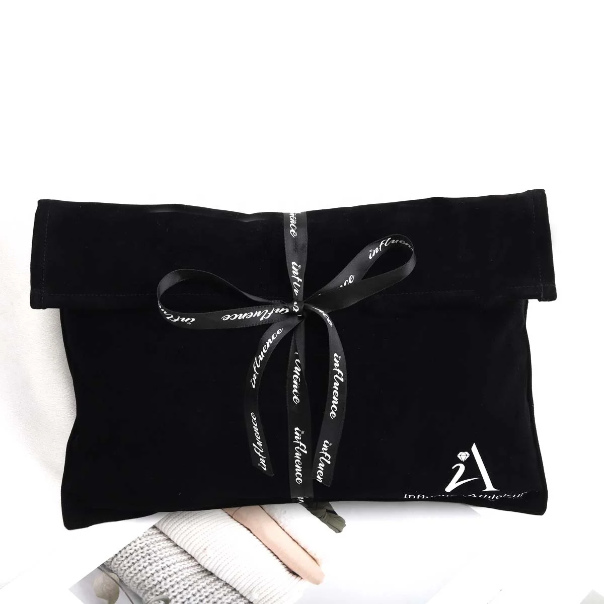 Custom Logo Ribbon Printing Black Velvet Envelope Dust Bag For Wallet Handbag Reusable Gift Jewelry Dust Flap Velvet Pouch