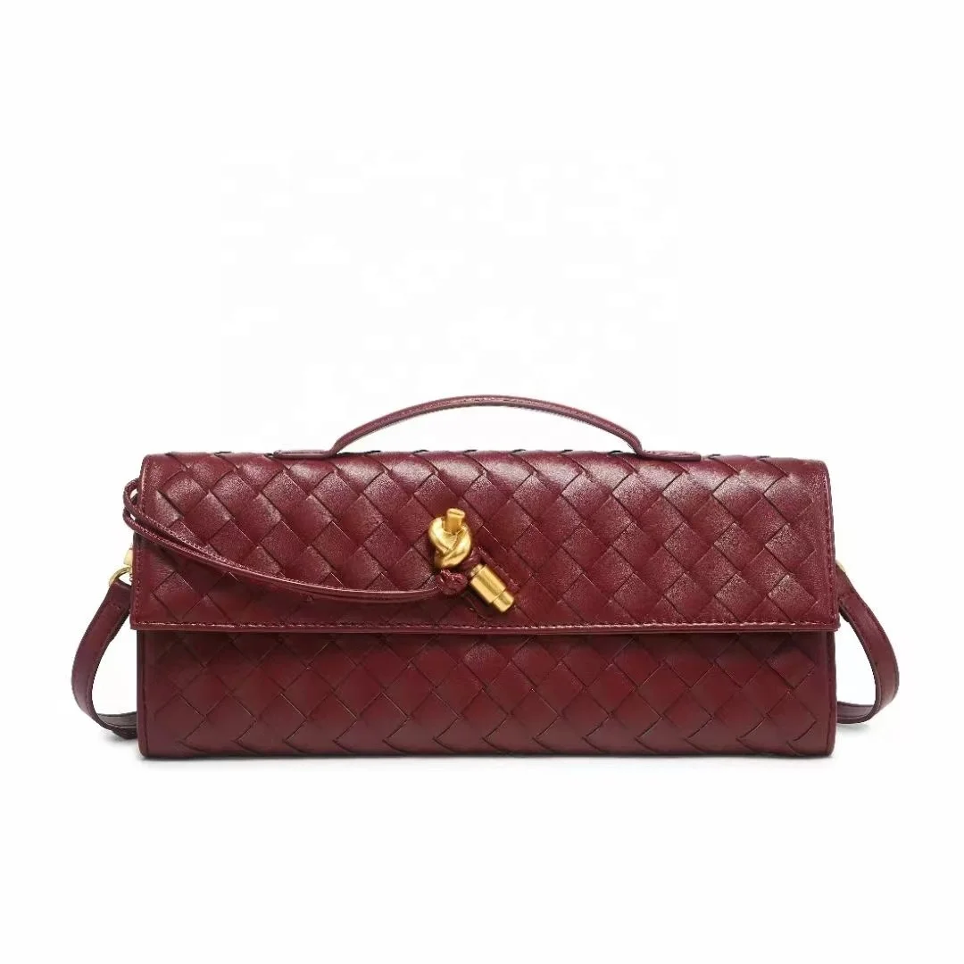 famous design braided long hand clutch bags for women fashion sling shoulder bag with long strap from Guangzhou lock woven bag