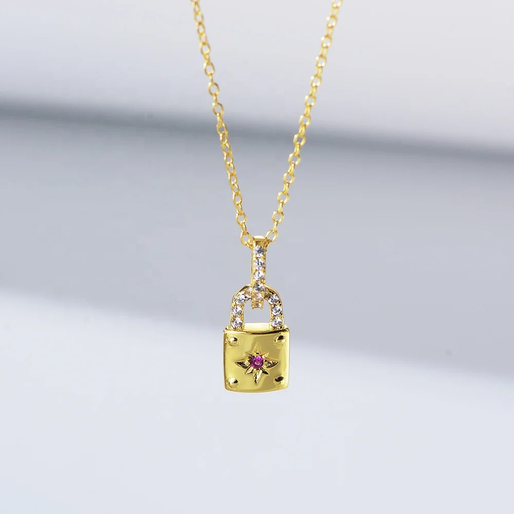 KN1678 PersoPEISnality cute Ruby padlock Choker S925 Sterling silver jewelry Gold Plated lock pendant necklace for women girls